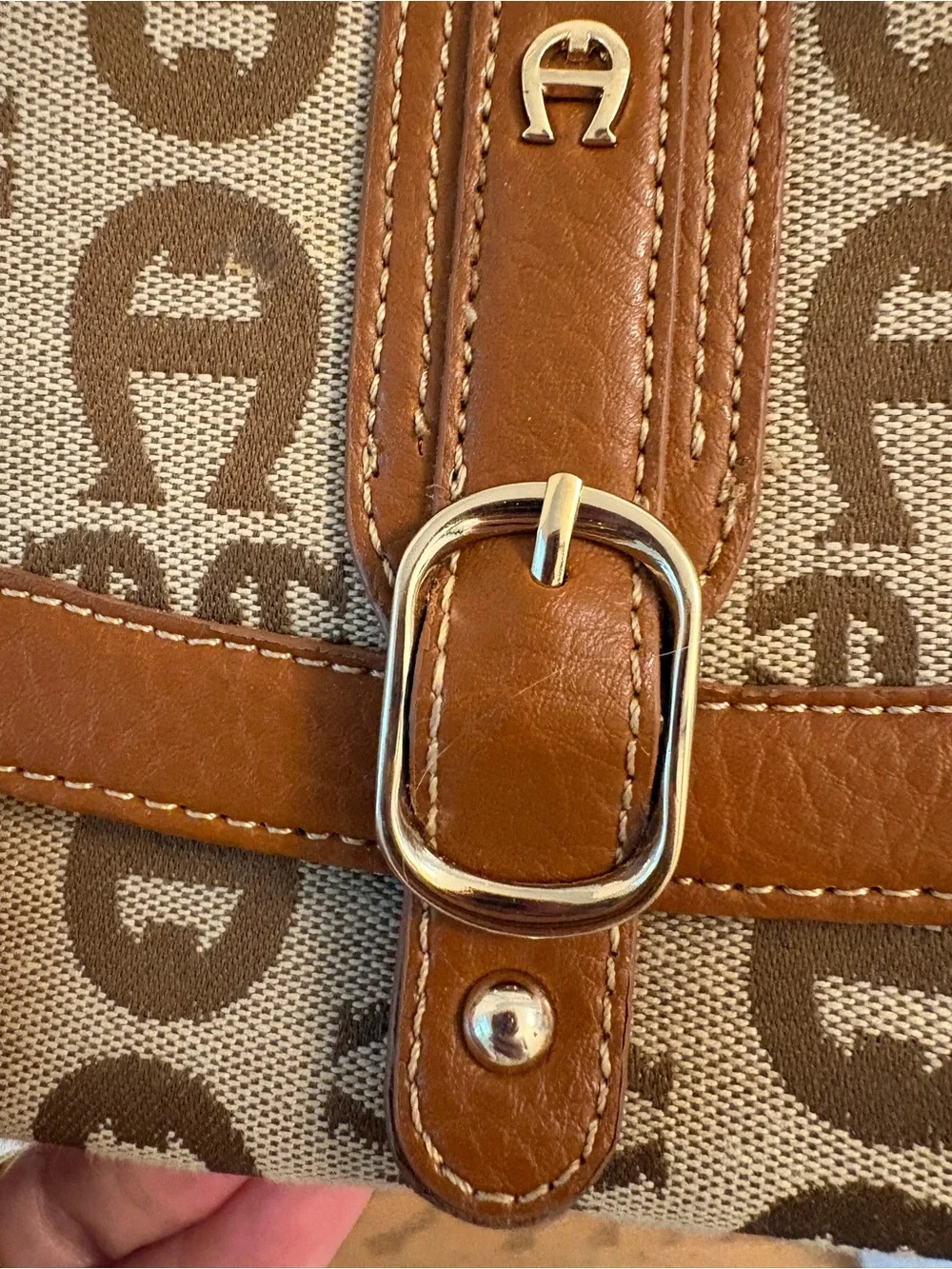 Etienne Aigner Tan and Beige Monogram Crossbody Wallet